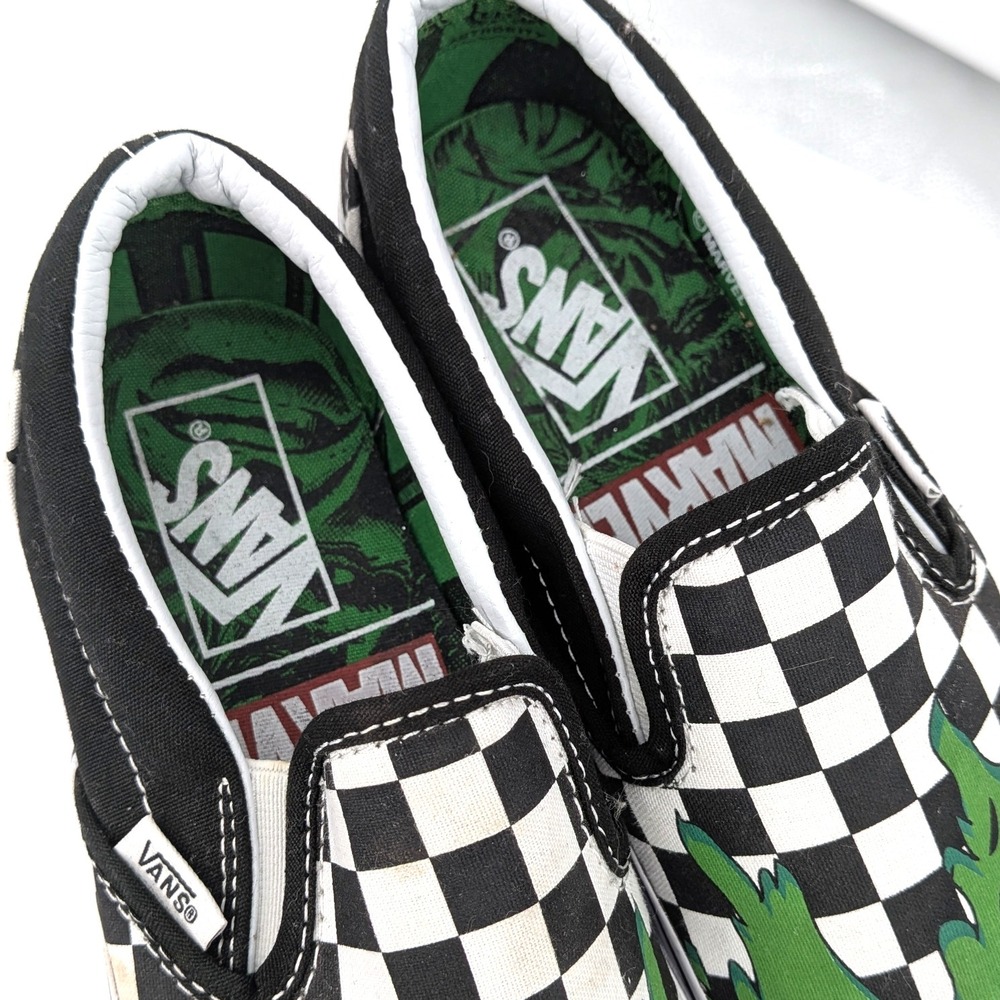 Vans Slip-On Sneakers Black White Green Checkerboard Graphic - Picture 3 of 10